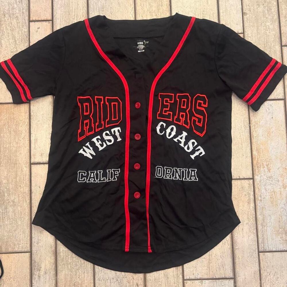 Black/red Riders West Coast California baseball jersey with red/white text